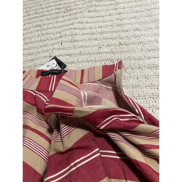 NWT Zara Woman Circle Skirt Knee Length Womens Sz Medium Pockets Stripes Red Tan - Picture 10 of 12